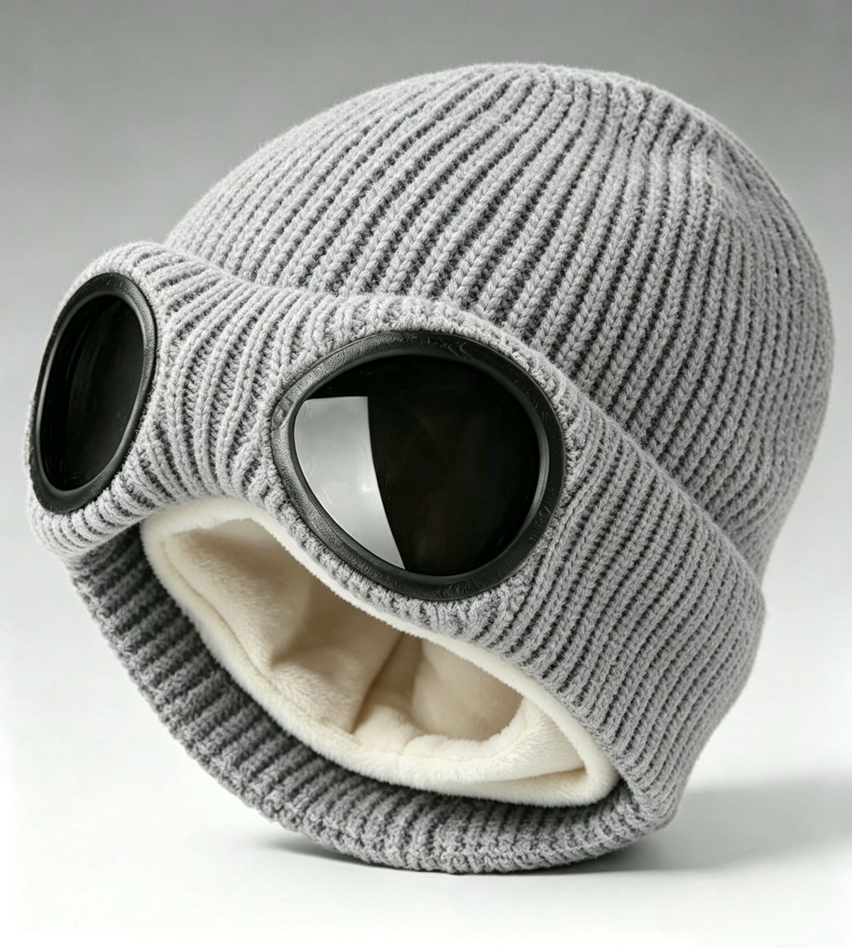 Ribbed Knit Goggle Beanie with Plush Lining - Grey
