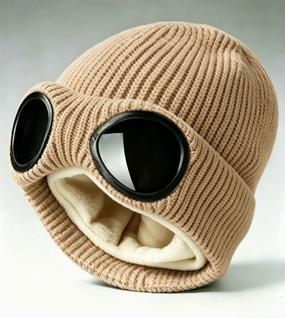 Ribbed Knit Goggle Beanie with Plush Lining - Khaki