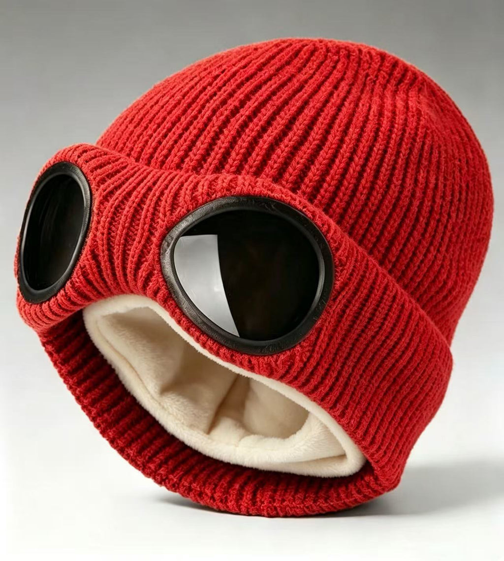Ribbed Knit Goggle Beanie with Plush Lining - Red