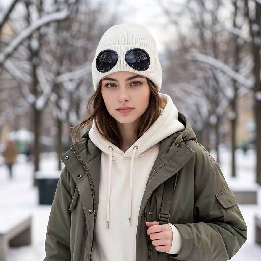 Ribbed Knit Goggle Beanie with Plush Lining - White