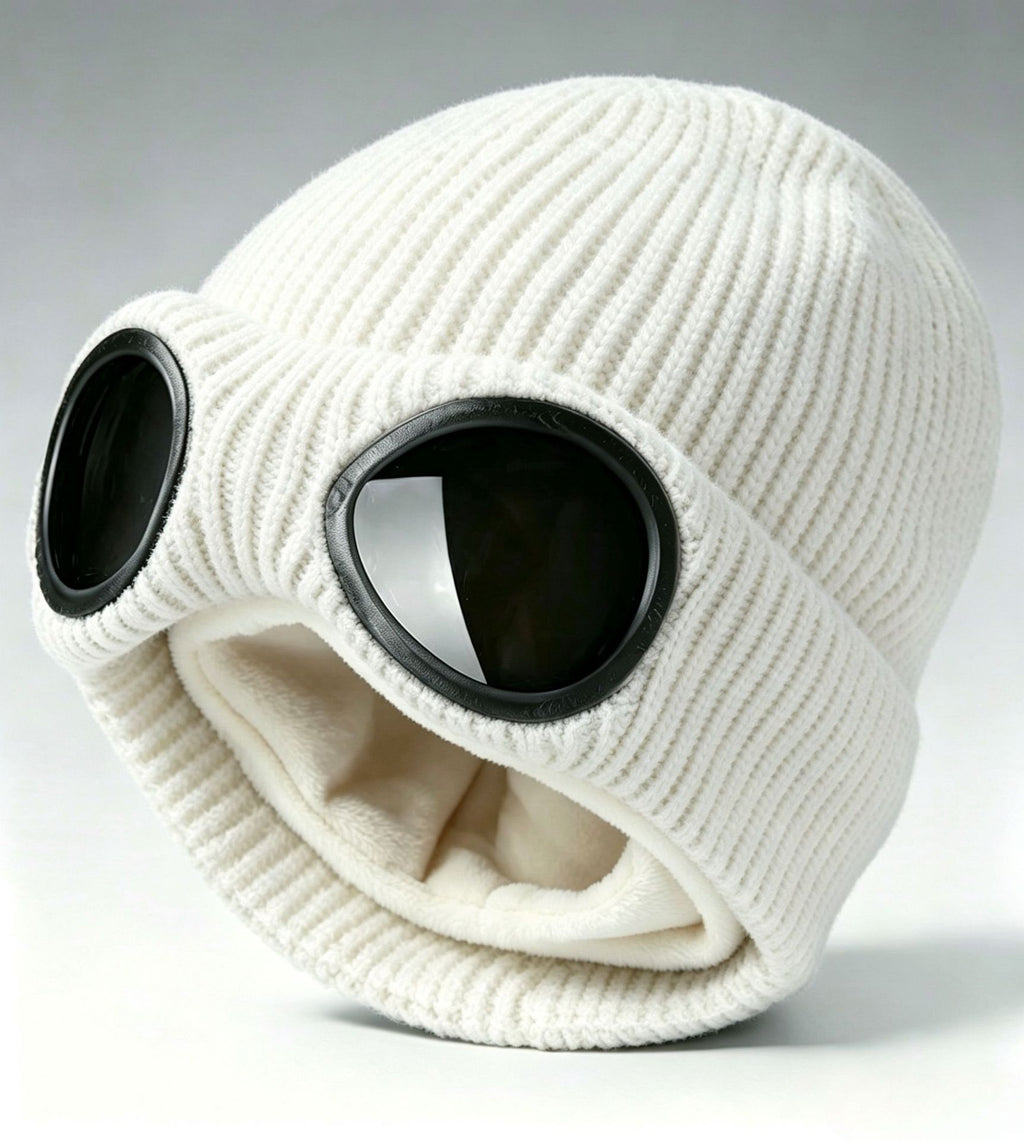 Ribbed Knit Goggle Beanie with Plush Lining - White - 1