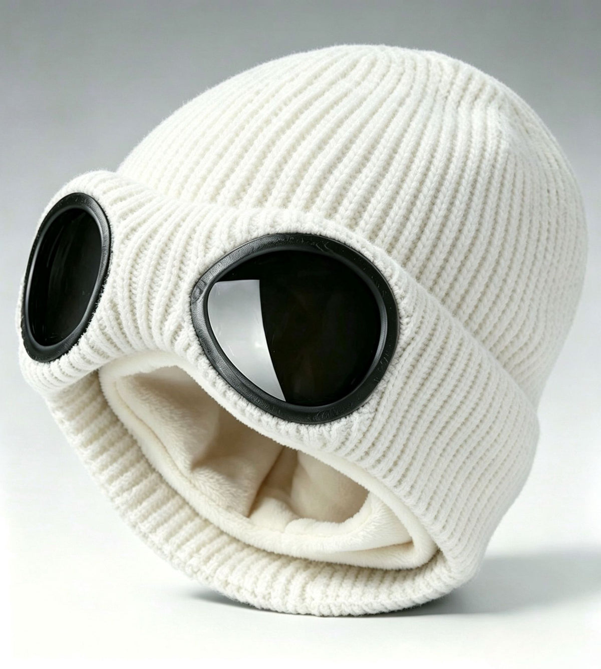 Ribbed Knit Goggle Beanie with Plush Lining - White - 1