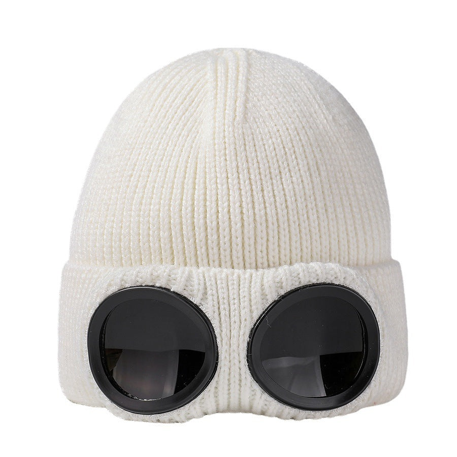 Ribbed Knit Goggle Beanie with Plush Lining - White - 2