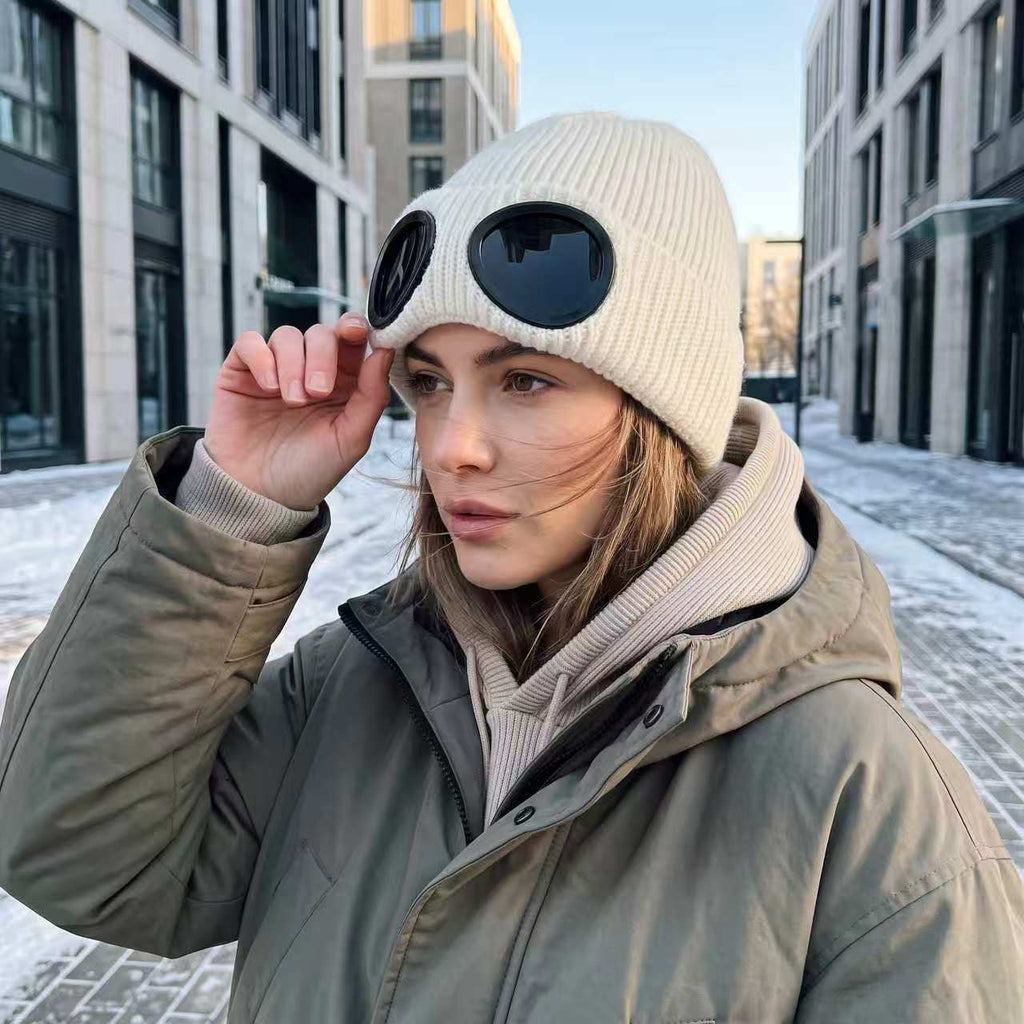Ribbed Knit Goggle Beanie with Plush Lining - White - 3