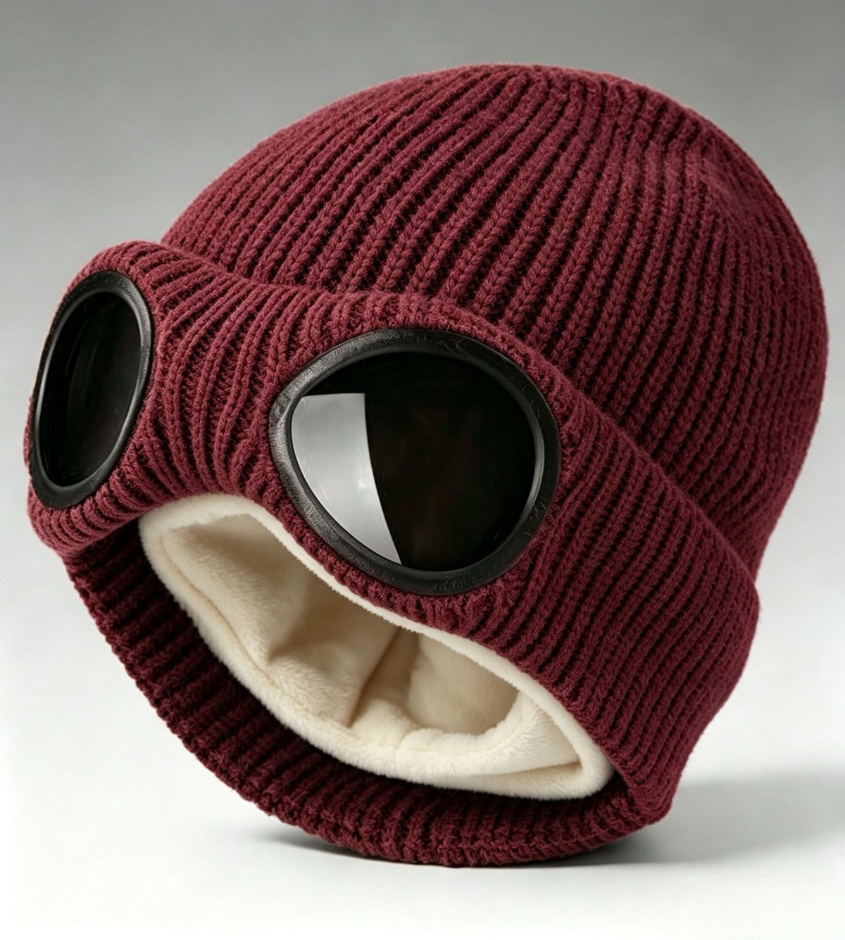 Ribbed Knit Goggle Beanie with Plush Lining - Wine_Red