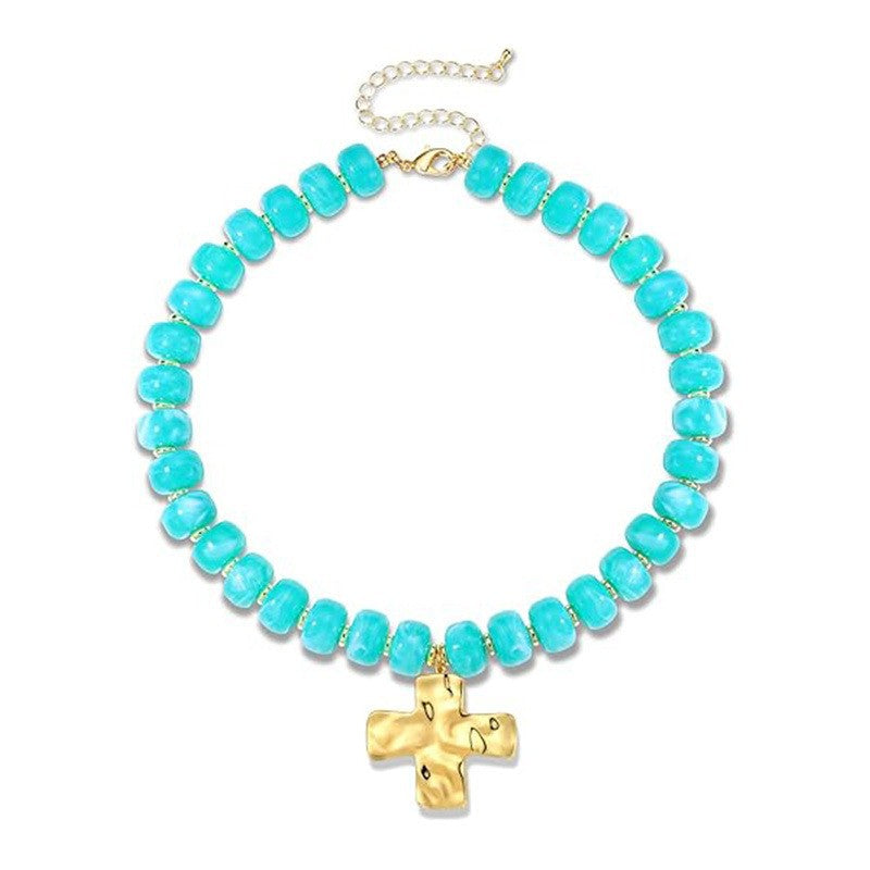 Hammered Cross Charm Beaded Choker Necklace - Blue