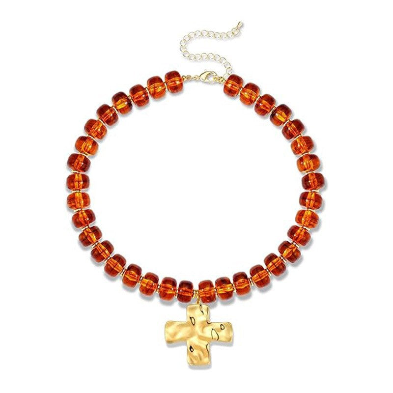 Hammered Cross Charm Beaded Choker Necklace - Caramel