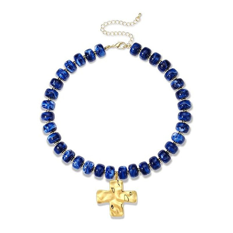 Hammered Cross Charm Beaded Choker Necklace - Navy