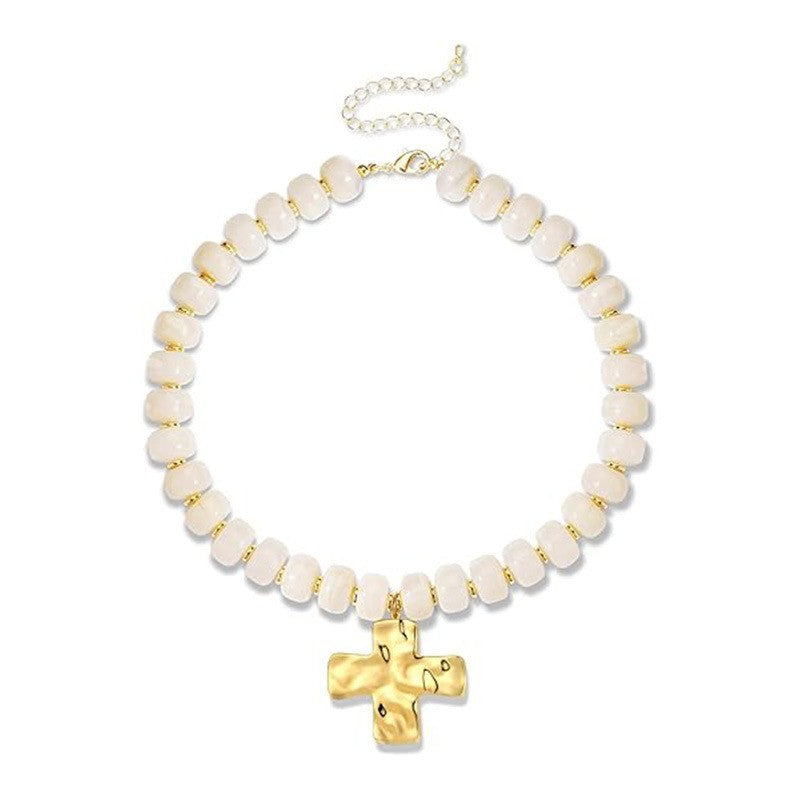 Hammered Cross Charm Beaded Choker Necklace - White
