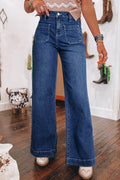 Retro High Rise Wide Leg Patch Pocket Jeans - DarkBlue