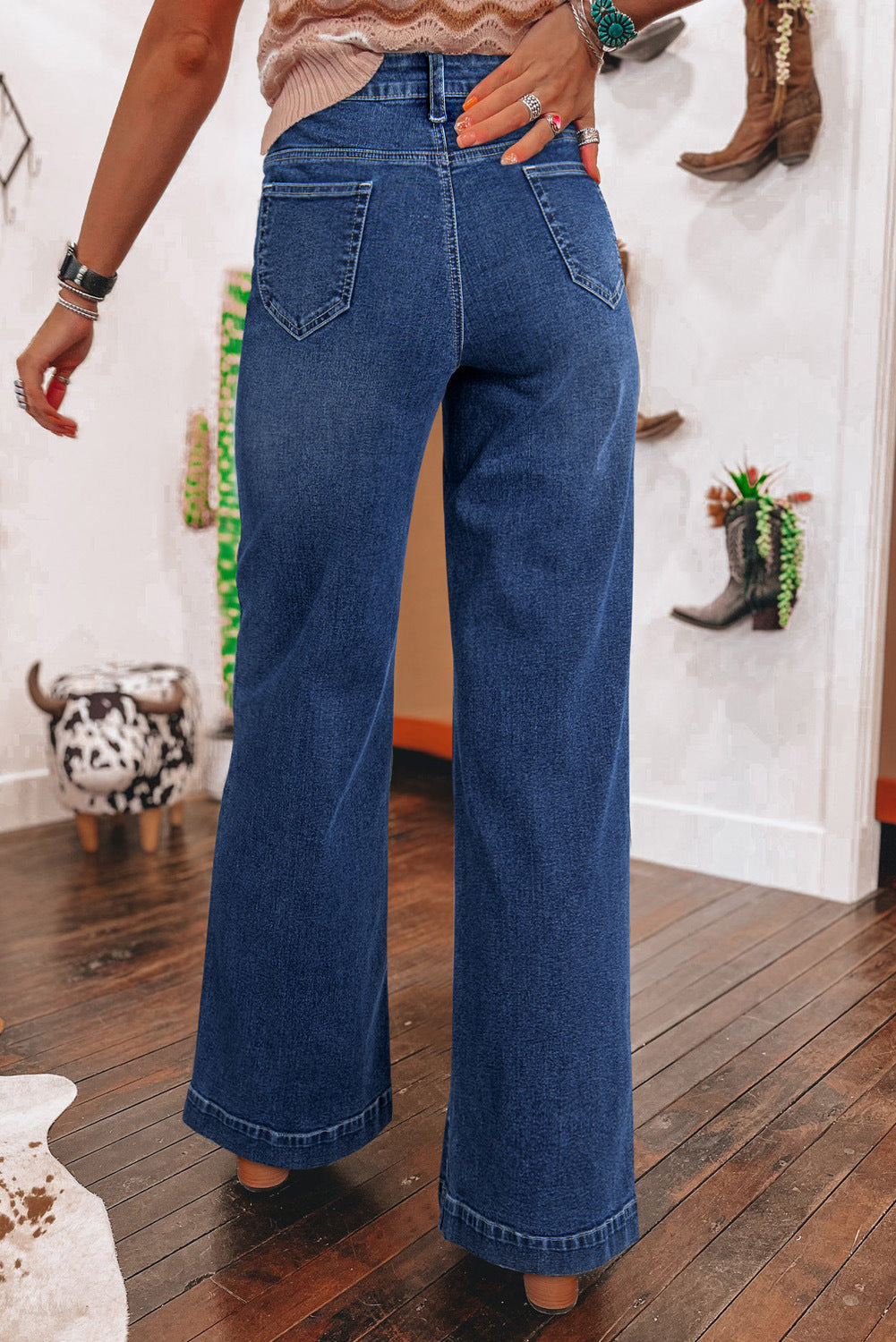 Retro High Rise Wide Leg Patch Pocket Jeans - DarkBlue - 3