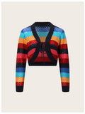 Striped Pointelle Tie Front Cropped Cardigan - Red
