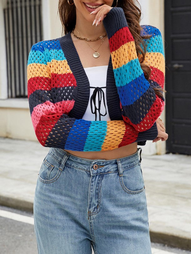 Striped Pointelle Tie Front Cropped Cardigan - Red - 2
