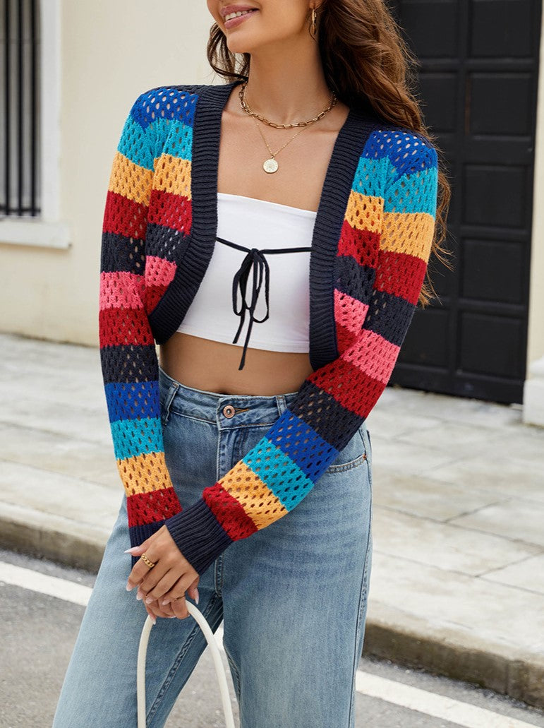 Striped Pointelle Tie Front Cropped Cardigan - Red - 4