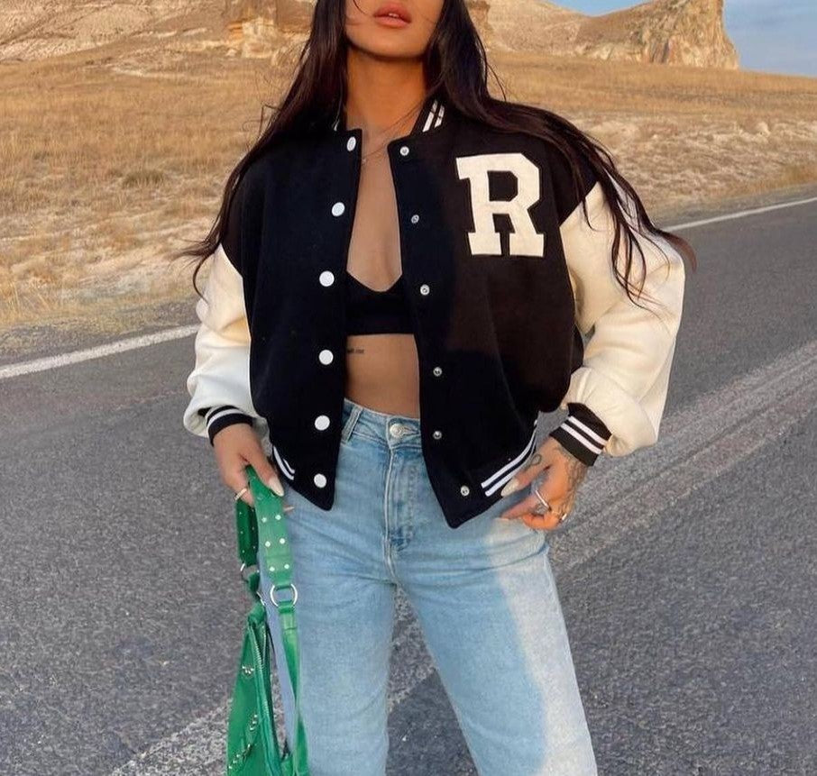 Letter Patch Colorblock Varsity Jacket - Black