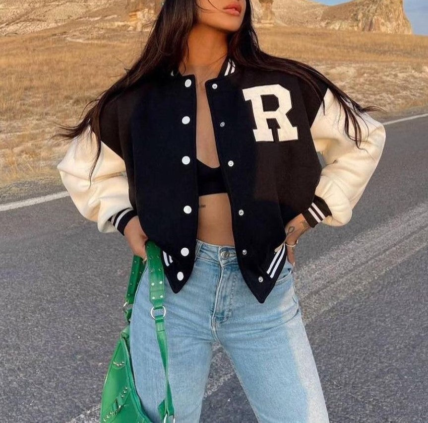 Letter Patch Colorblock Varsity Jacket - Black - 1