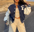 Letter Patch Colorblock Varsity Jacket - Navy blue