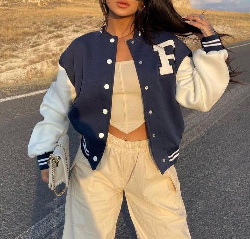 Letter Patch Colorblock Varsity Jacket - Navy blue