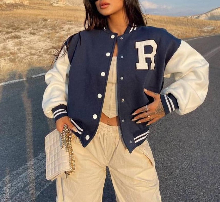 Letter Patch Colorblock Varsity Jacket - Navy blue - 1