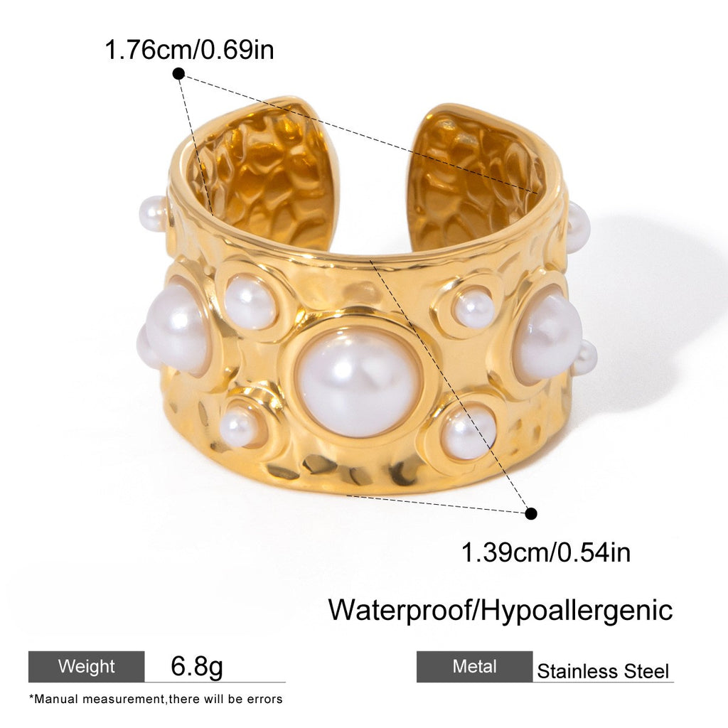 Hammered Wide Band Pearl Open Ring - Gold