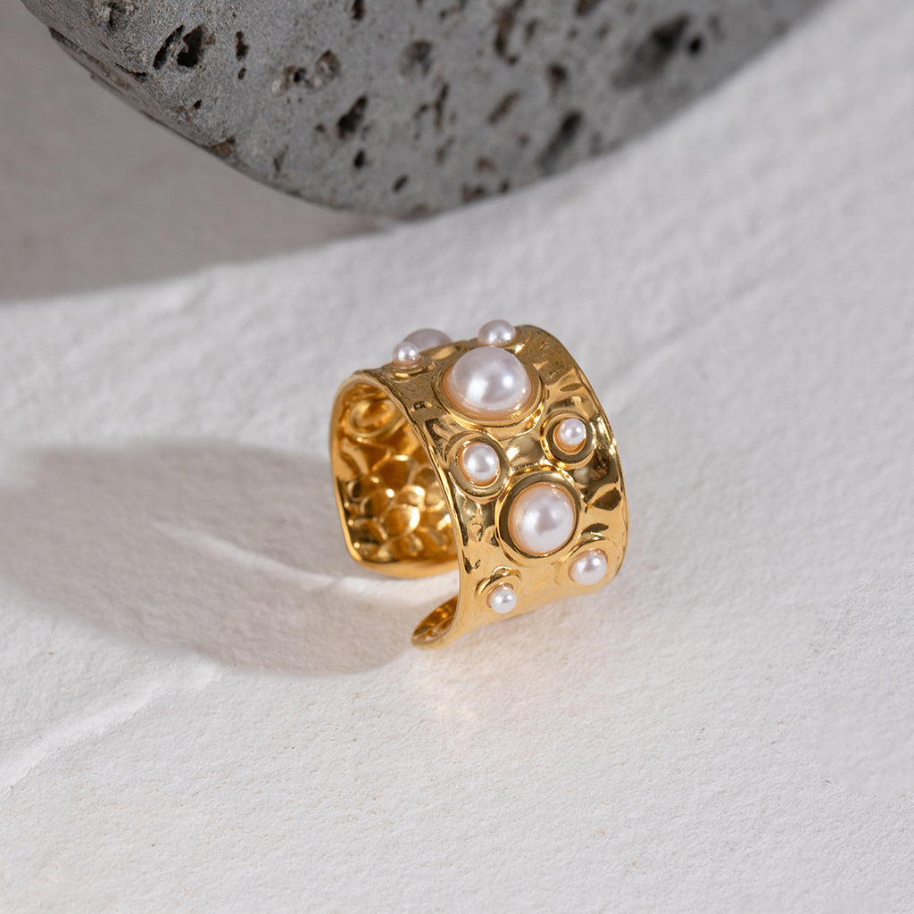 Hammered Wide Band Pearl Open Ring - Gold - 2