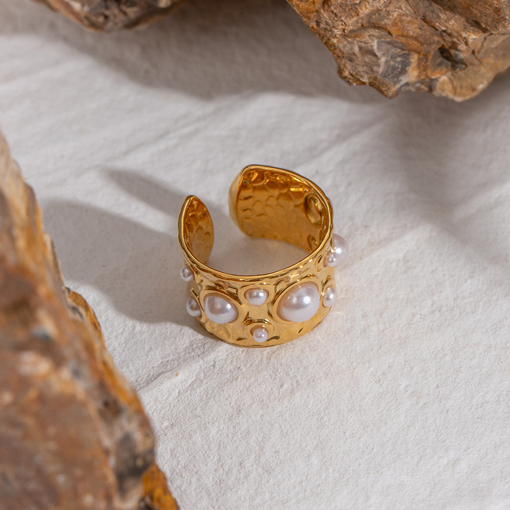 Hammered Wide Band Pearl Open Ring - Gold - 3