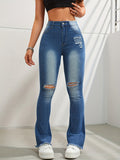 Contrast Panel Ripped Bootcut Jeans - Blue