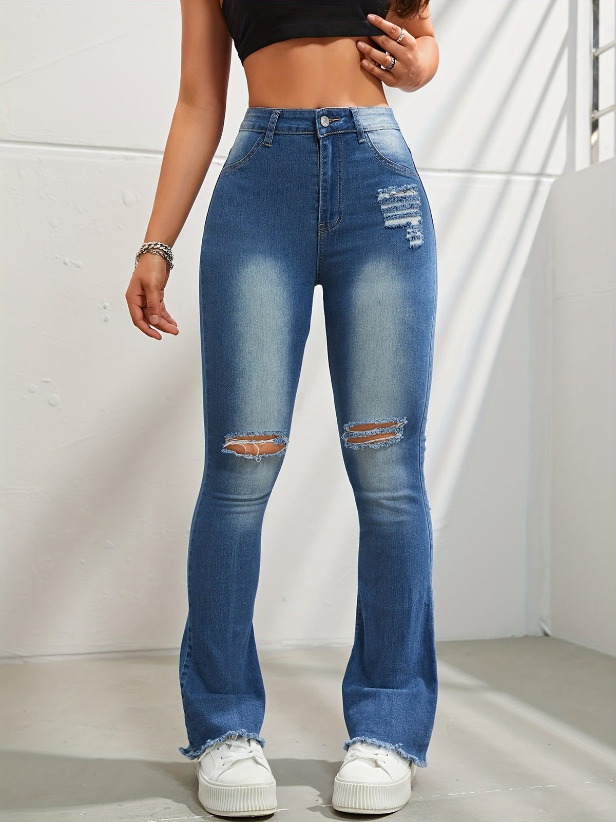 Contrast Panel Ripped Bootcut Jeans - Blue
