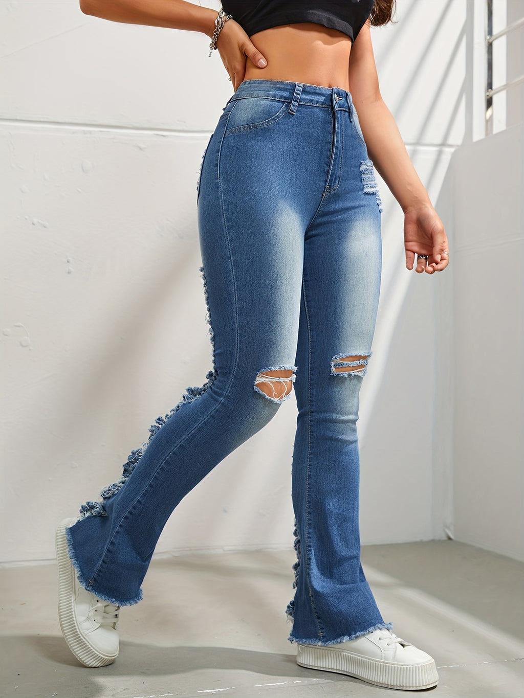 Contrast Panel Ripped Bootcut Jeans - Blue - 1