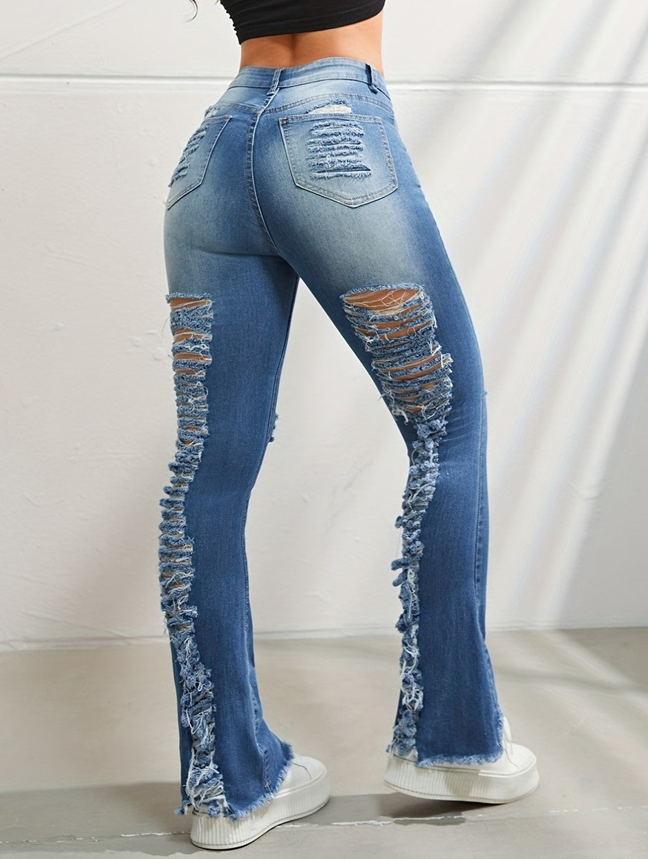 Contrast Panel Ripped Bootcut Jeans - Blue - 2