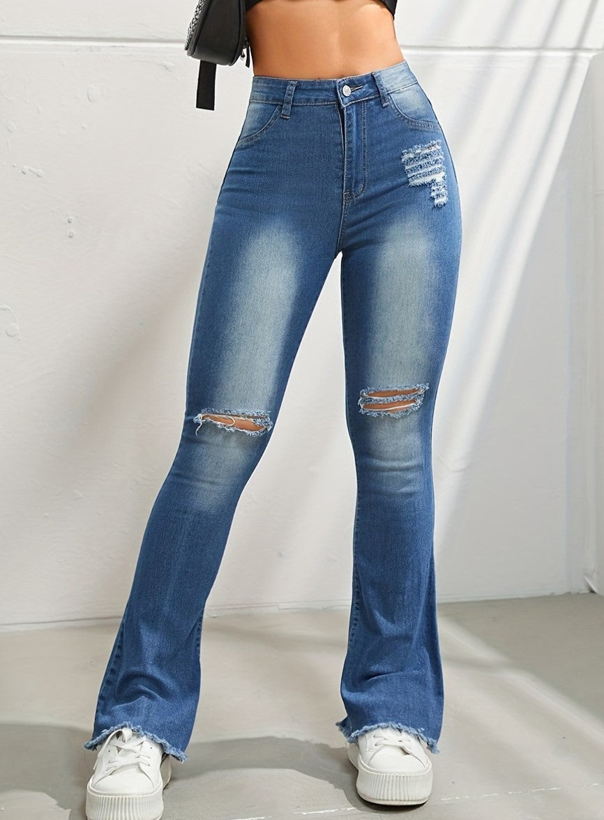 Contrast Panel Ripped Bootcut Jeans - Blue - 3