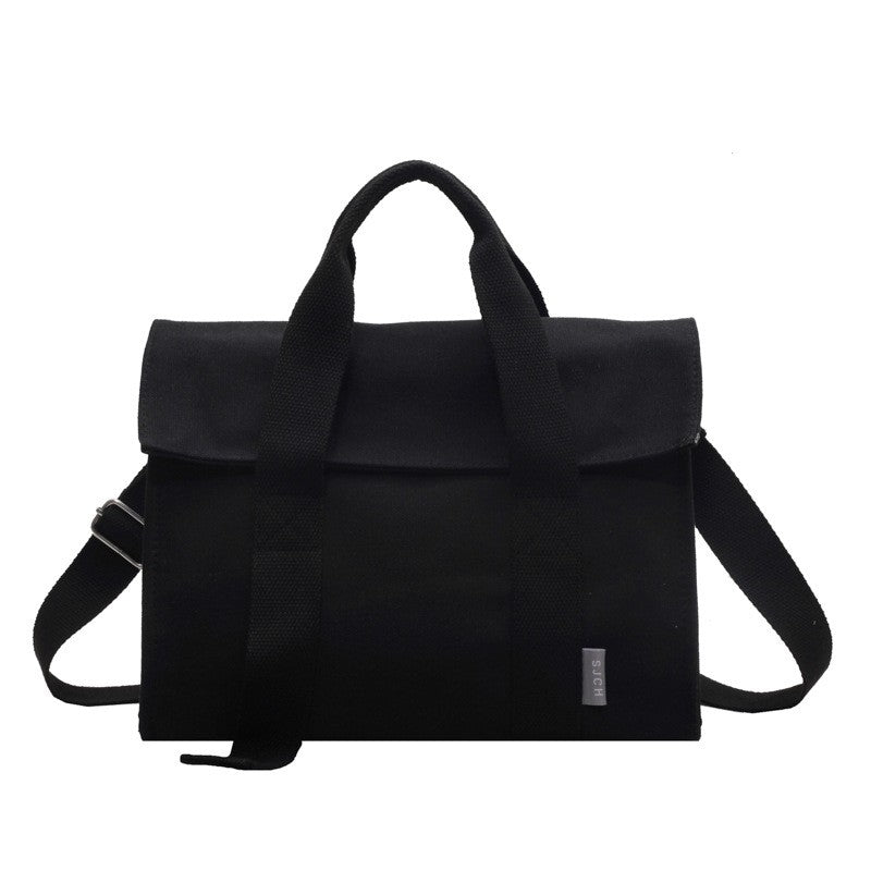 Canvas Fold-Over Tote Bag with Crossbody Strap - Black