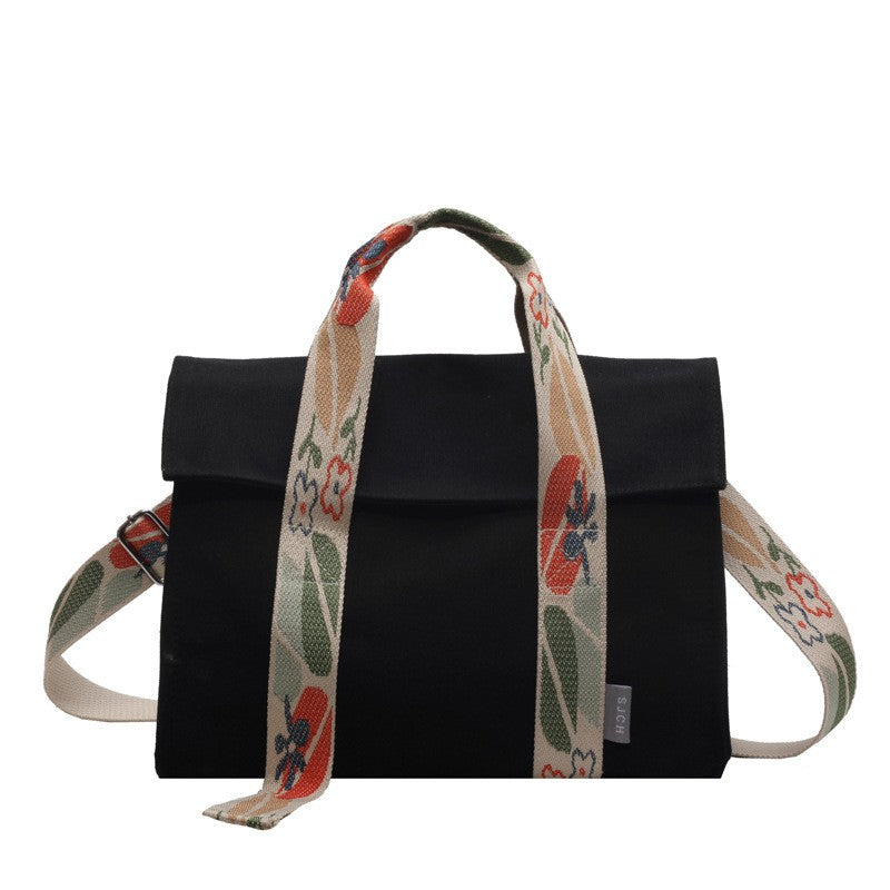 Canvas Fold-Over Tote Bag with Crossbody Strap - Black Floral