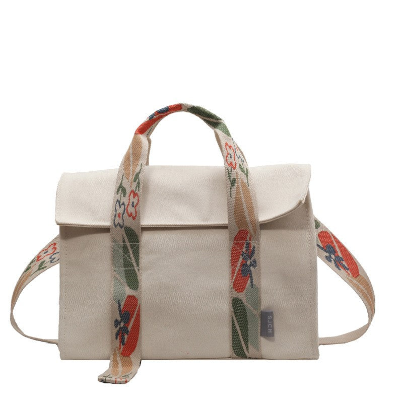 Canvas Fold-Over Tote Bag with Crossbody Strap - Ivory Floral