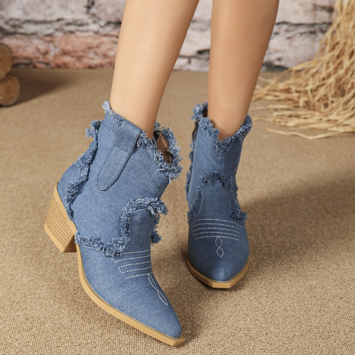 Frayed Denim Western Ankle Boots