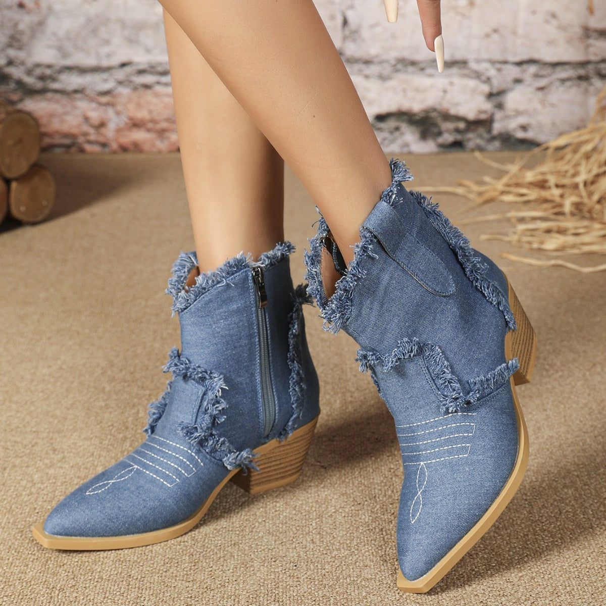 Frayed Denim Western Ankle Boots