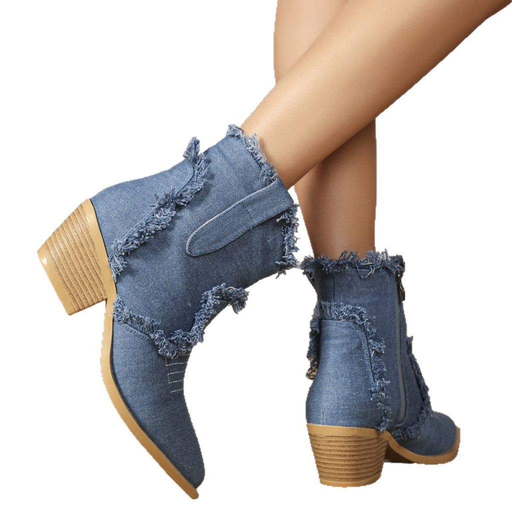 Frayed Denim Western Ankle Boots