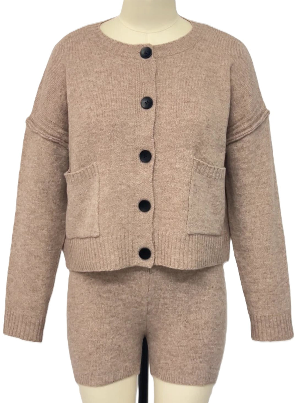 Knit Button Cardigan And Shorts Set - Khaki