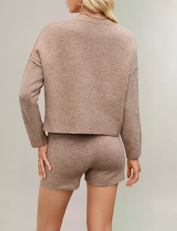 Knit Button Cardigan And Shorts Set - Khaki - 1