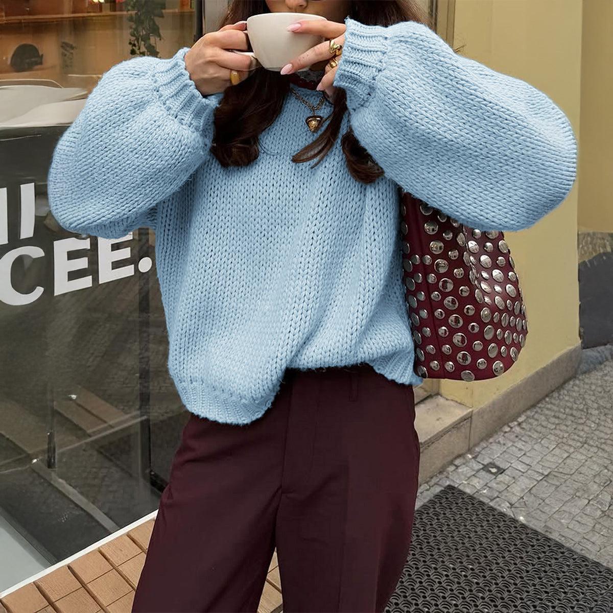 Oversized Chunky Balloon Sleeve Crewneck Sweater - Blue
