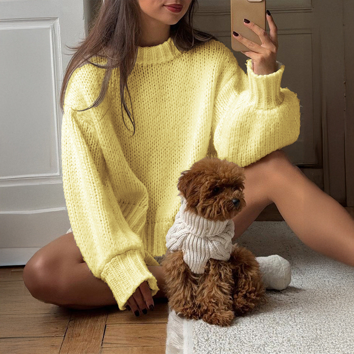 Oversized Chunky Balloon Sleeve Crewneck Sweater - Yellow
