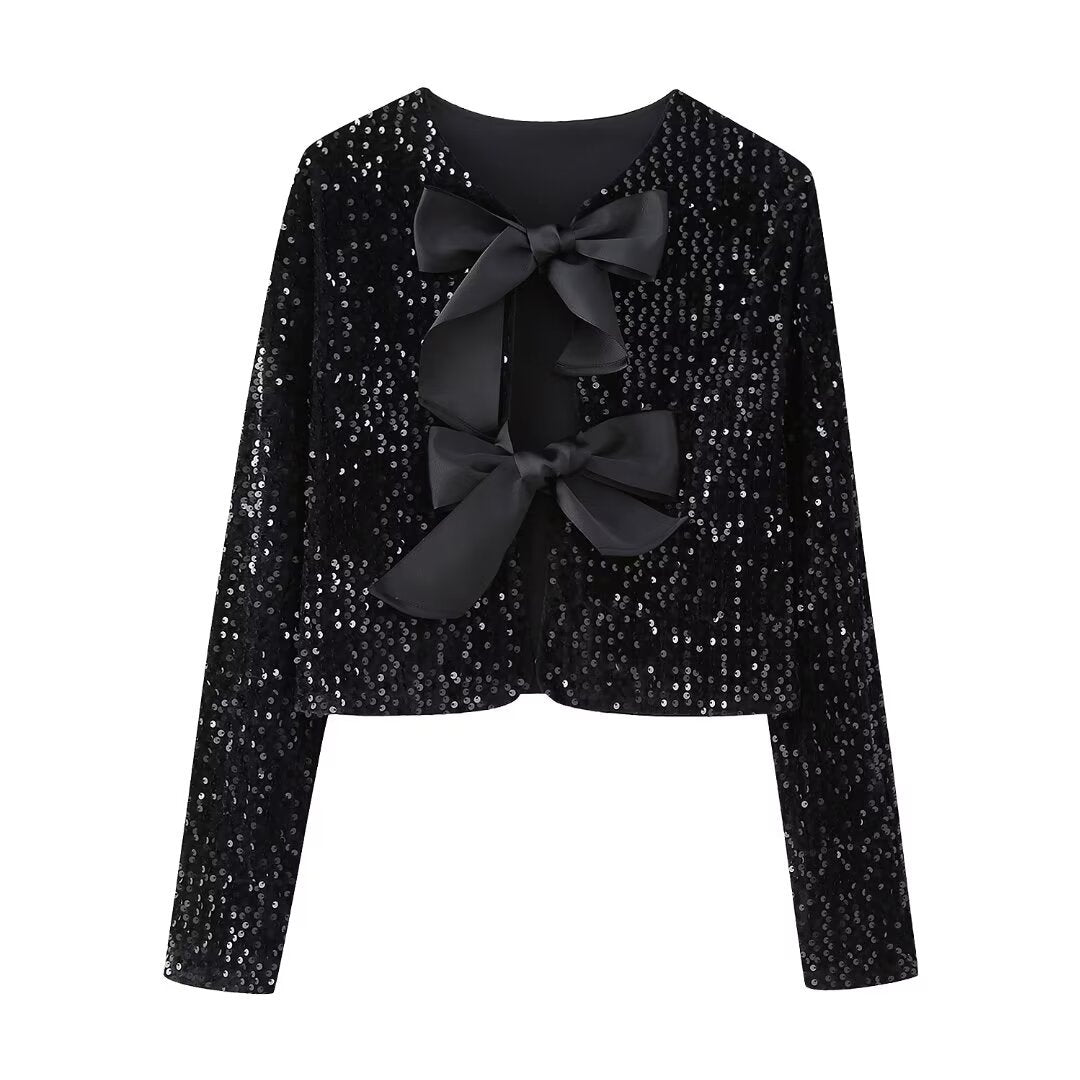 Sequin Bow Tie Cropped Party Jacket - Black