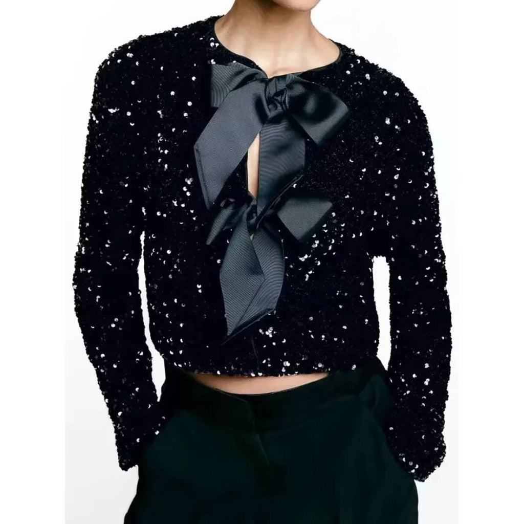 Sequin Bow Tie Cropped Party Jacket - Black - 1
