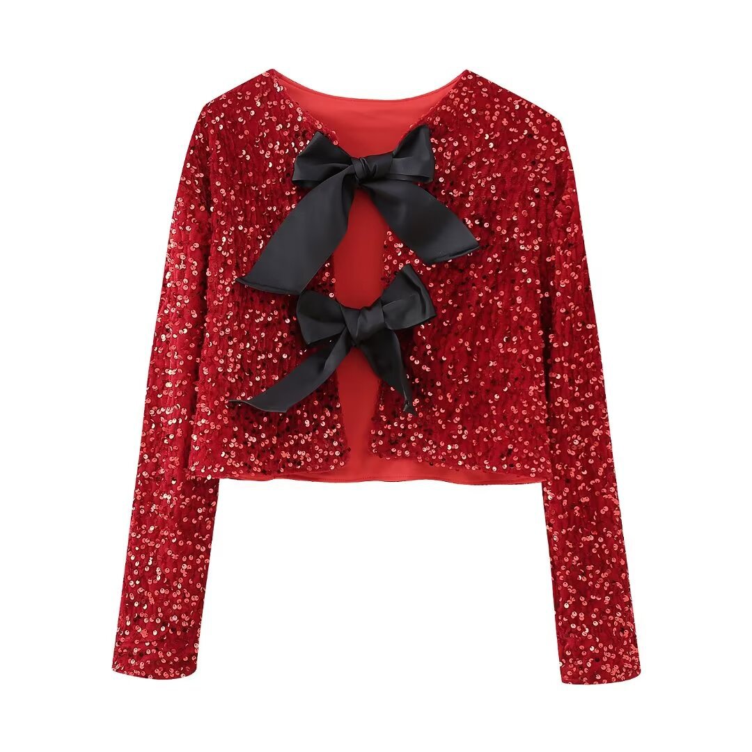 Sequin Bow Tie Cropped Party Jacket - Red