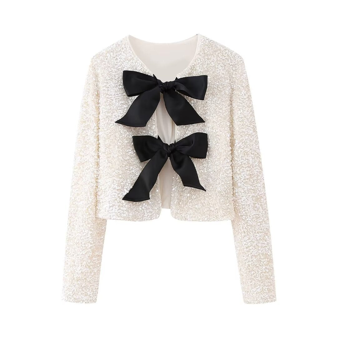 Sequin Bow Tie Cropped Party Jacket - White