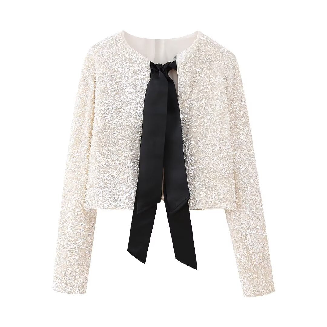 Sequin Bow Tie Cropped Party Jacket - White - 1