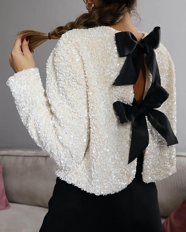 Sequin Bow Tie Cropped Party Jacket - White - 2