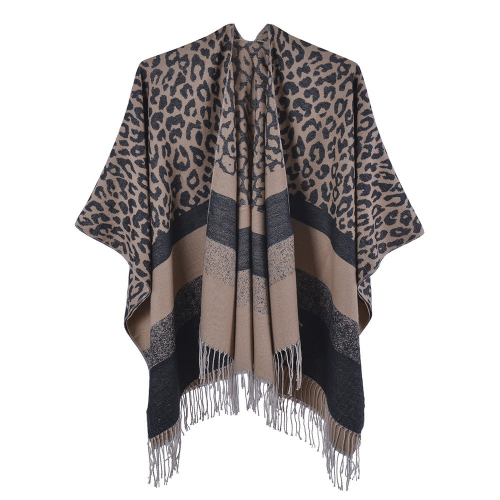 Leopard Print Fringed Border Wrap - BALCK - 1