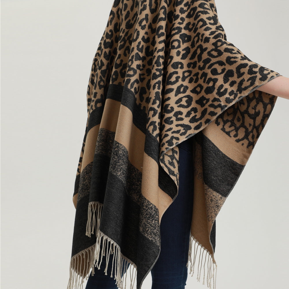 Leopard Print Fringed Border Wrap - BALCK - 2