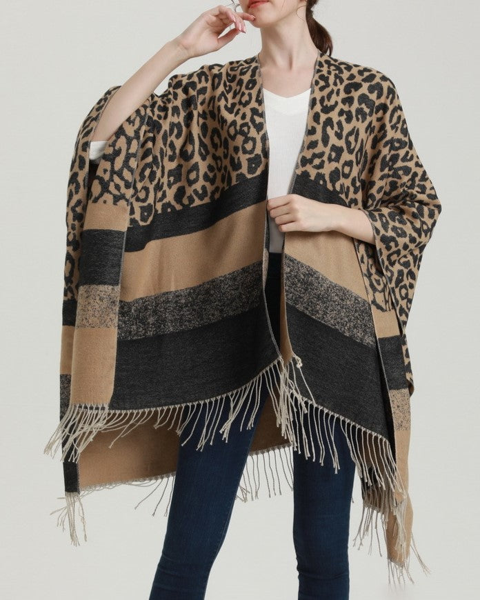 Leopard Print Fringed Border Wrap - BALCK - 3